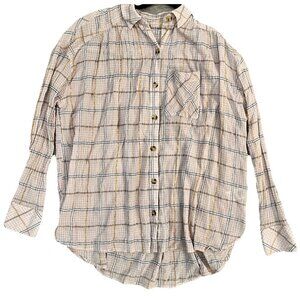 Free People Break My Stride Button Down Shirt Size XS Oversized Plaid Pink Gold